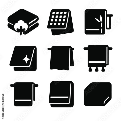 Towel Material Icons. Solid, Filled icon set of towel materials: cotton towel, waffle towel, bamboo towel, microfiber towel, linen