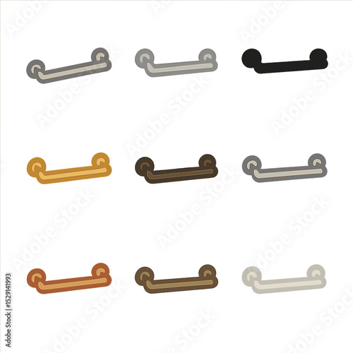 Towel Bars Icon Grid. Solid, Filled icon set of towel bar finishes: chrome finish, brushed nickel, matte black, polished brass,