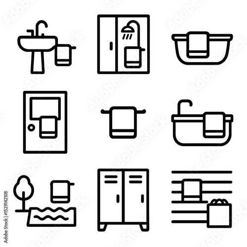 Towel Rack Icons. Flat icon set of towel rack placement: beside sink, shower wall, bathtub side, door back, mid-wall, near vanity,