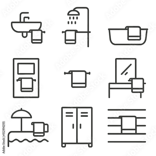 Towel Rack Icons. Outline icon set of towel rack placement: beside sink, shower wall, bathtub side, door back, mid-wall, near