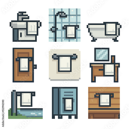 Towel Rack Icon Set. Pixel art icon set of towel rack placement: beside sink, shower wall, bathtub side, door back, mid-wall, near