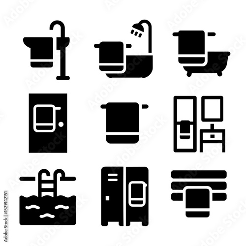 Towel Rack Icon Set. Solid, Filled icon set of towel rack placement: beside sink, shower wall, bathtub side, door back, mid-wall,