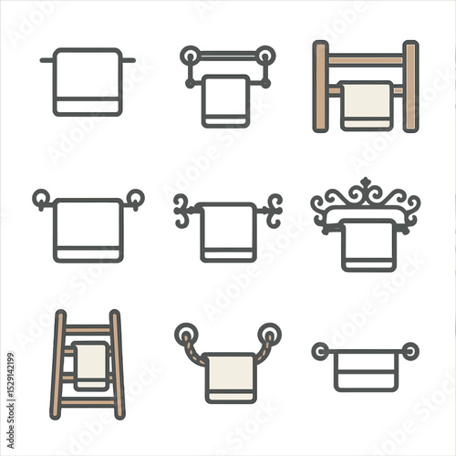 Towel Rack Icons. Flat icon set of towel rack designs: modern minimal, industrial pipe, rustic wood, traditional bar, vintage