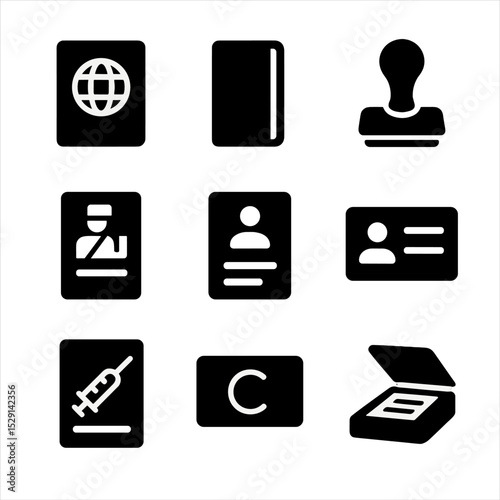 Travel Document Icons. Solid, Filled icon set of travel documentation features: passport, boarding pass, visa stamp, customs form,