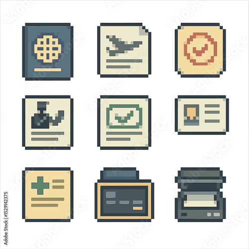 Travel Documents Icons. Pixel art icon set of travel documentation features: passport, boarding pass, visa stamp, customs form,