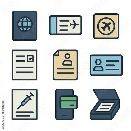 Travel Documents Icons. Flat icon set of travel documentation features: passport, boarding pass, visa stamp, customs form, travel