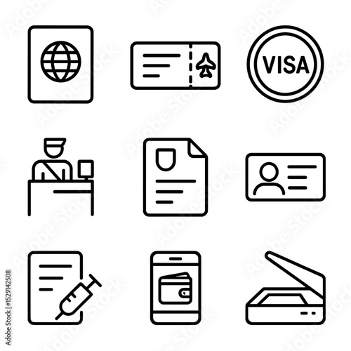 Travel Icons Grid. Outline icon set of travel documentation features: passport, boarding pass, visa stamp, customs form, travel