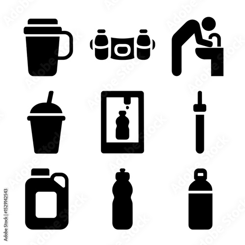 Travel Hydration Gear Icons. Solid, Filled icon set of travel hydration gear: travel mug, hydration belt, water fountain icon,