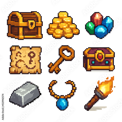 Treasure Icon Set. Pixel art icon set of treasure chamber finds: ornate chest, gold coin pile, gem cluster, jewel-encrusted box,