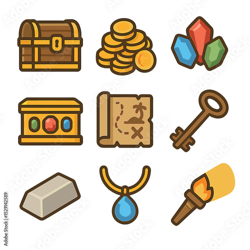 Treasure Icon Set. Flat icon set of treasure chamber finds: ornate chest, gold coin pile, gem cluster, jewel-encrusted box,