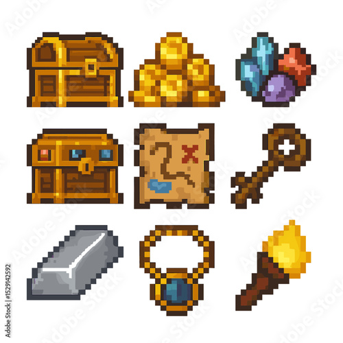 Treasure Icon Set. Pixel art icon set of treasure chamber finds: ornate chest, gold coin pile, gem cluster, jewel-encrusted box,