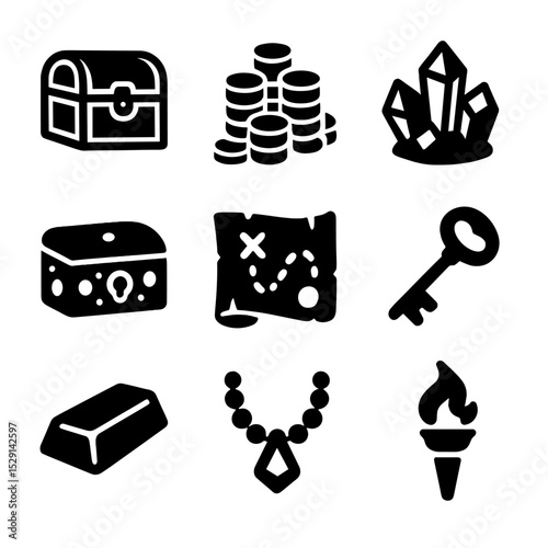 Treasure Chamber Icons. Solid, Filled icon set of treasure chamber finds: ornate chest, gold coin pile, gem cluster,