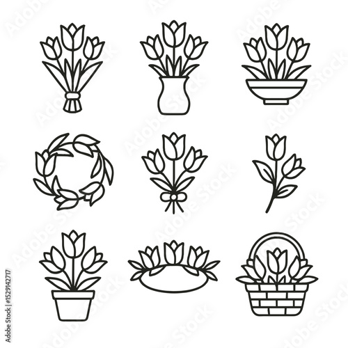 Tulip Arrangement Icons. Outline icon set of tulip arrangements: hand bouquet, vase, centerpiece, wreath, corsage, boutonniere,