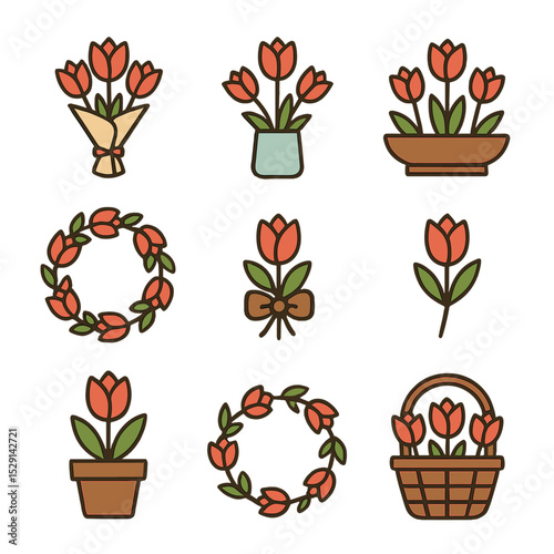 Tulip Arrangement Icons. Flat icon set of tulip arrangements: hand bouquet, vase, centerpiece, wreath, corsage, boutonniere,