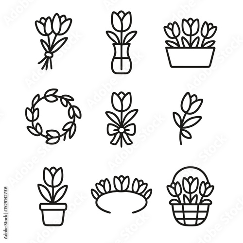 Tulip Arrangement Icons. Outline icon set of tulip arrangements: hand bouquet, vase, centerpiece, wreath, corsage, boutonniere,