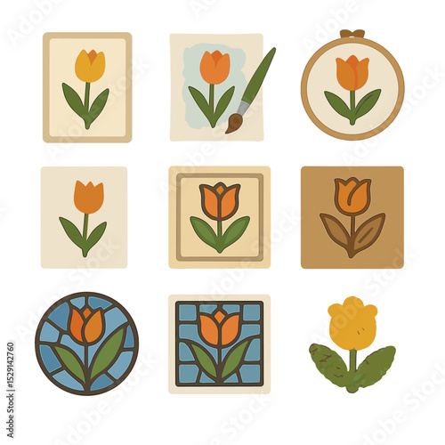 Tulip Art Icons. Flat icon set of tulip art and craft: pressed flower, watercolor painting, embroidery, paper cutting, ceramic