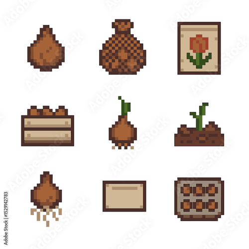 Tulip Bulb Icon Set. Pixel art icon set of tulip bulbs and seeds: paper-wrapped bulb, mesh bag, seed packet, storage crate, bulb
