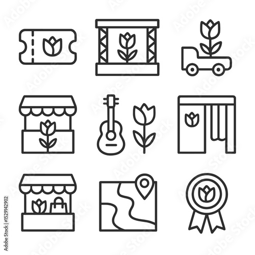 Tulip Festival Icons. Outline icon set of tulip festivals: ticket, stage, parade float, food stall, live music, photo booth,
