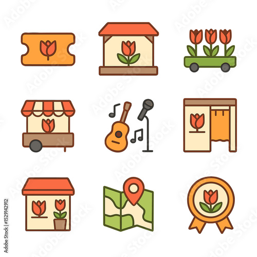 Tulip Festival Icons. Flat icon set of tulip festivals: ticket, stage, parade float, food stall, live music, photo booth, souvenir