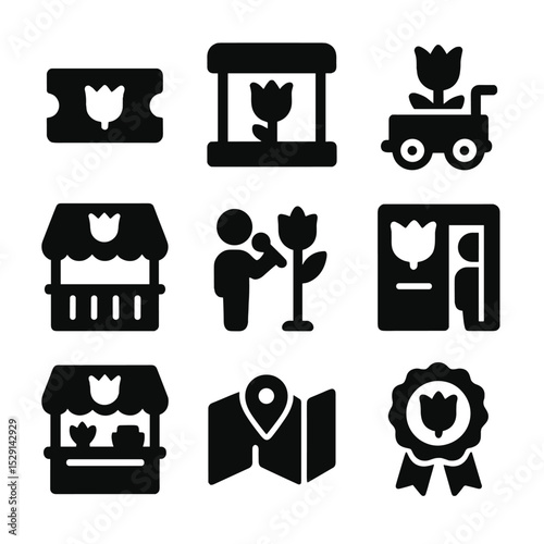 Tulip Festival Icons. Solid, Filled icon set of tulip festivals: ticket, stage, parade float, food stall, live music, photo booth,