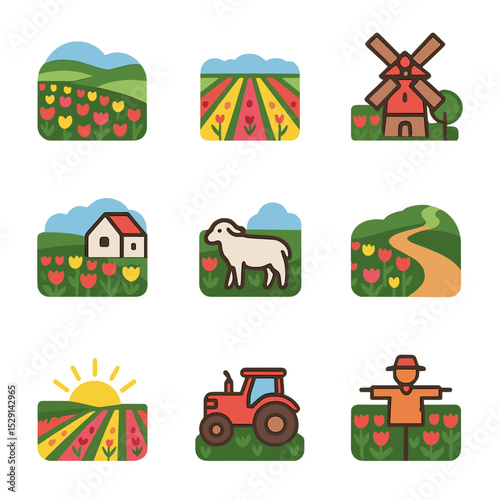 Tulip Field Icons. Flat icon set of tulip field scenes: rolling hills, rows of flowers, windmill, farmhouse, grazing sheep, dirt