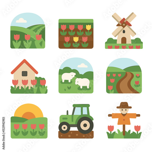 Tulip Field Icons. Flat icon set of tulip field scenes: rolling hills, rows of flowers, windmill, farmhouse, grazing sheep, dirt