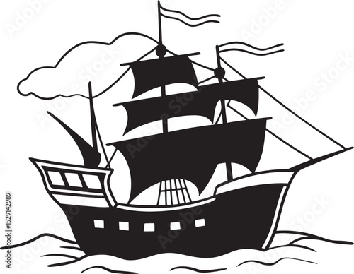Classic Black Sailing Ship Silhouette Nautical Adventure Pirate Journey Illustration Perfect for Maritime Themes and Ocean Exploration