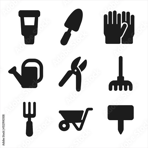 Tulip Gardening Tools Icons. Solid, Filled icon set of tulip gardening tools: bulb planter, hand trowel, garden gloves, watering