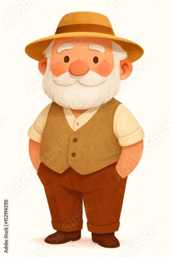 Weathered farmer in classic vest and hat, hands tucked in pockets, posing confidently against pristine white backdrop
