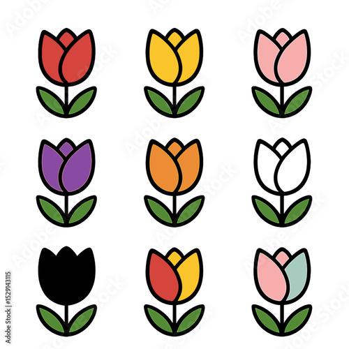 Tulip Icon Grid. Outline icon set of tulip colors: red, yellow, pink, purple, orange, white, black, bi-color, pastel. .