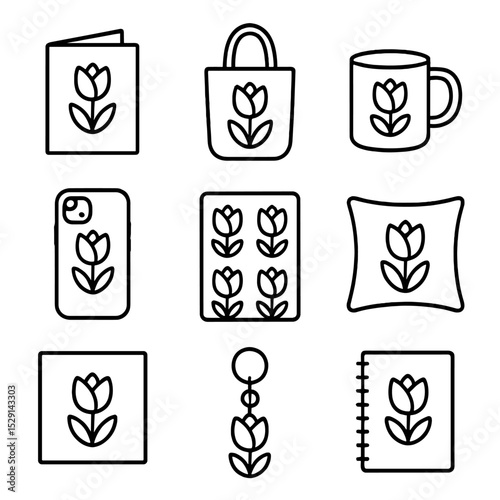 Tulip Themed Merchandise Icons. Outline icon set of tulip merchandise: greeting card, tote bag, mug, phone case, notebook, sticker