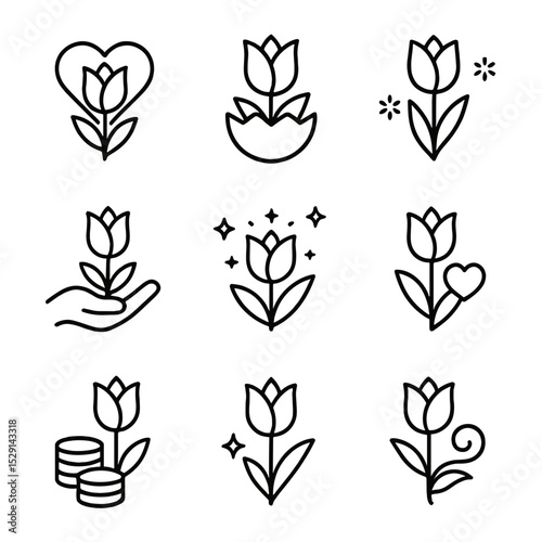 Tulip Symbolism Icons. Outline icon set of tulip symbolism: love, rebirth, spring, charity, fame, forgiveness, abundance, passion,