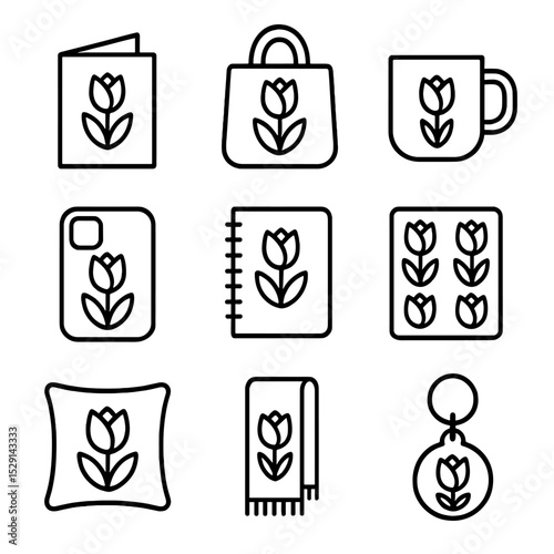 Tulip Themed Merchandise Icons. Outline icon set of tulip merchandise: greeting card, tote bag, mug, phone case, notebook, sticker