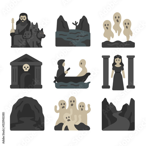Underworld Icon Set. Flat icon set of Cerberus myth scenes: Hades throne, River Styx, soul spirits, underworld gate, Charon’s boat
