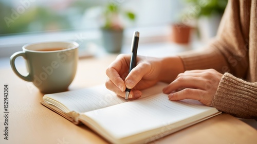 Close-up of hands using a pen to write in a notebook while sitting at a table. A cup of tea is nearby, creating a serene atmosphere for reflection and mindfulness