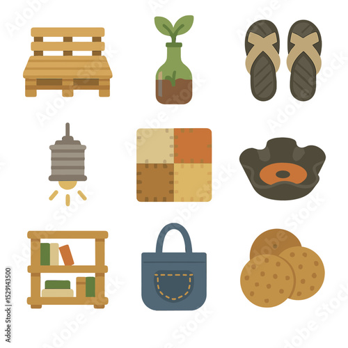 Upcycled Icon Set. Flat icon set of upcycling products: pallet furniture, bottle planter, tire sandals, tin-can lamp, fabric