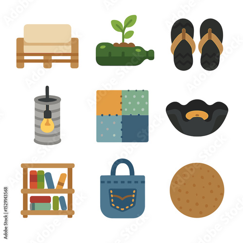 Upcycled Icon Set. Flat icon set of upcycling products: pallet furniture, bottle planter, tire sandals, tin-can lamp, fabric