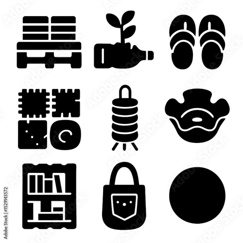Upcycled Icons Grid. Solid, Filled icon set of upcycling products: pallet furniture, bottle planter, tire sandals, tin-can lamp,