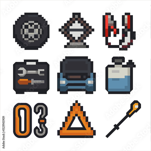 Vehicle Maintenance Icons. Pixel art icon set of vehicle maintenance on the go: spare tire, jack, jumper cables, tool kit, engine