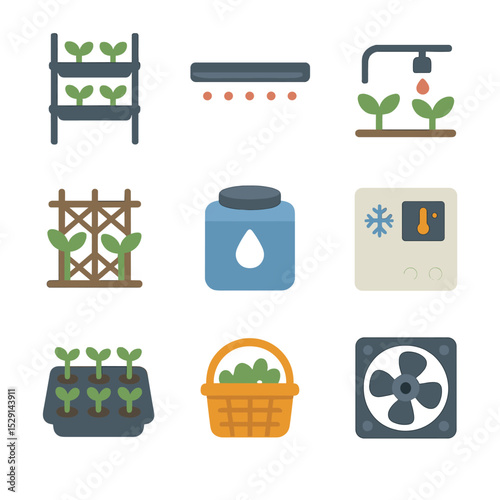 Vertical Farming Icons. Flat icon set of vertical farming setups: stacked rack, LED grow light bar, drip irrigation line, trellis