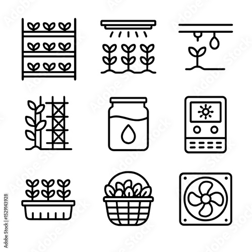 Vertical Farming Icons. Outline icon set of vertical farming setups: stacked rack, LED grow light bar, drip irrigation line,