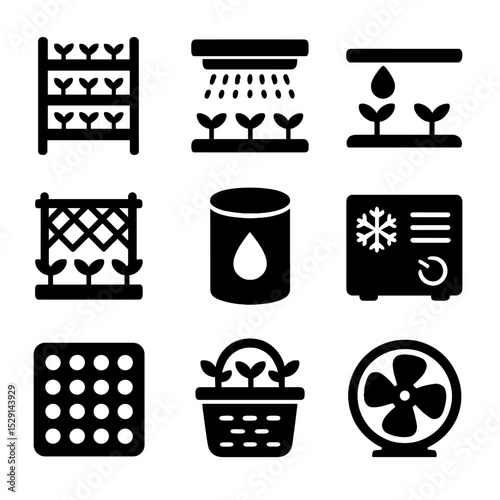 Vertical Farming Icons. Solid, Filled icon set of vertical farming setups: stacked rack, LED grow light bar, drip irrigation line,