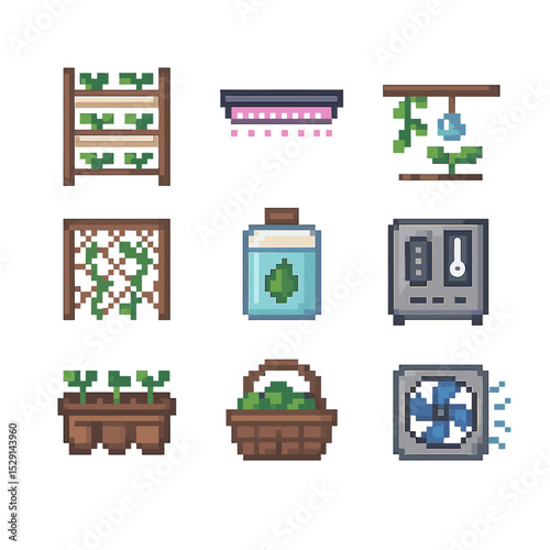 Vertical Farming Icons. Pixel art icon set of vertical farming setups: stacked rack, LED grow light bar, drip irrigation line,
