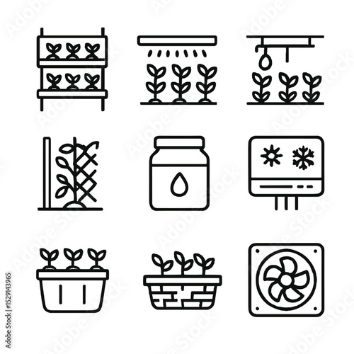Vertical Farming Icons. Outline icon set of vertical farming setups: stacked rack, LED grow light bar, drip irrigation line,