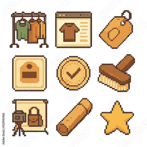 Vintage Resale Icons. Pixel art icon set of vintage reselling: thrift rack, online marketplace screen, secondhand tag, price