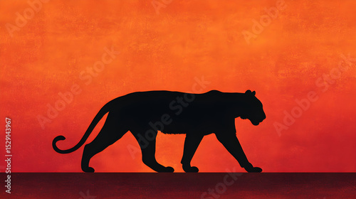 A black panther silhouette walking against a vibrant orange and red sunset background illustration