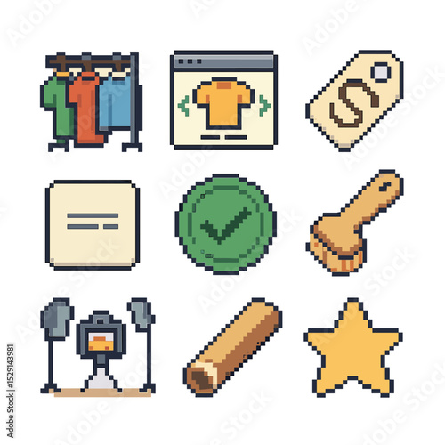Vintage Resale Icons. Pixel art icon set of vintage reselling: thrift rack, online marketplace screen, secondhand tag, price