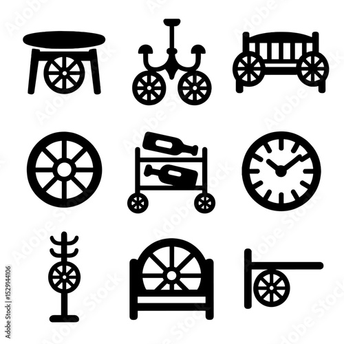 Wagon Wheel Icon Set. Solid, Filled icon set of wagon wheel furniture: coffee table, chandelier, garden bench, mirror frame, wine