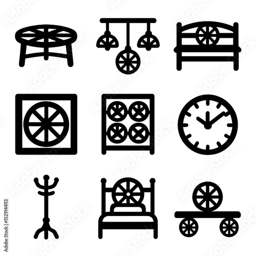 Wagon Wheel Icon Set. Solid, Filled icon set of wagon wheel furniture: coffee table, chandelier, garden bench, mirror frame, wine