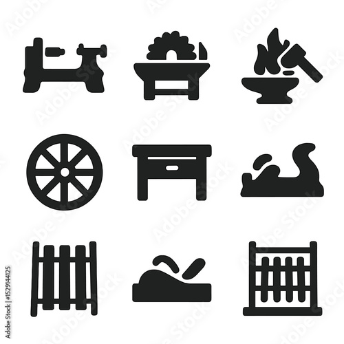 Wagon Wheel Icons. Solid, Filled icon set of wagon wheel manufacture: lathe, saw, forge, hammer, anvil, wood workshop, plane tool,
